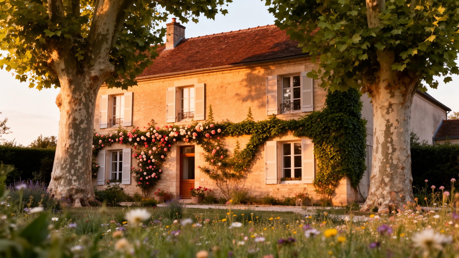 Façade en pierre du Clos des Tilleuls entourée de tilleuls centenaires